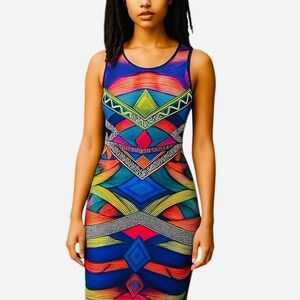 Codigo Colorful Geometric Multi Color Straight Fitted Dress Sz  S